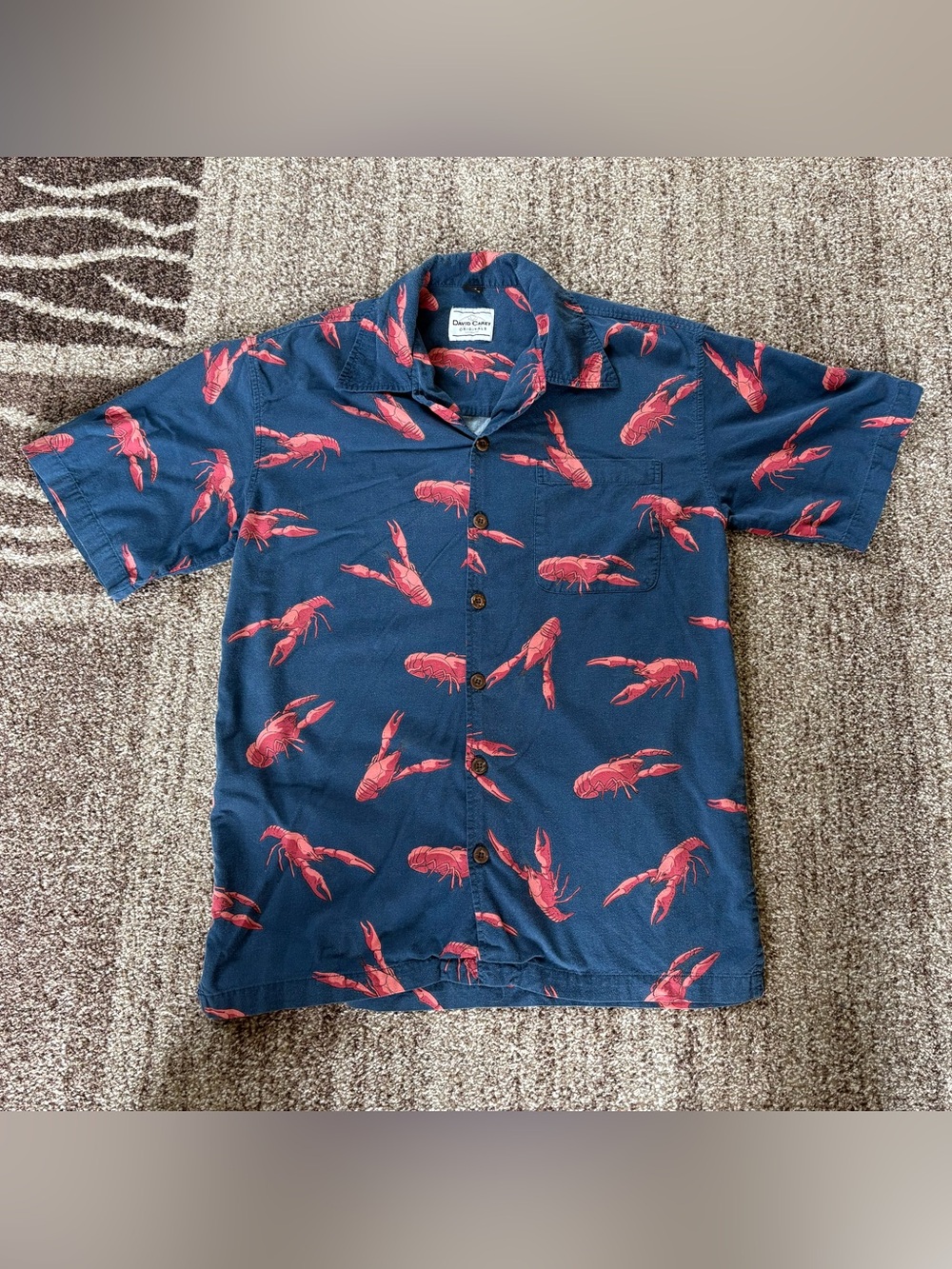 David Carey Originals LA Crawfish Lobster Print Camp Blue Button-Up Shirt Medium